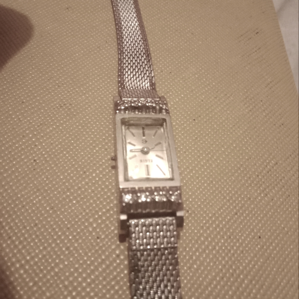 Elgin Solid 10K White Gold Manual Ladies Watch with 8 Diamonds. Band gold filled